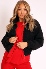 Black Zip Front Teddy Jacket - Elena-Jackets