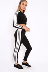 Black Zip Front Tracksuit with White Side Stripes - Kitty-Co-ords