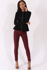 Black Zip Textured Peplum Jacket - Honor-Jackets