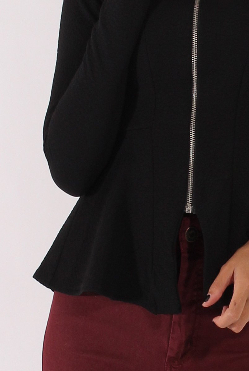 Black Zip Textured Peplum Jacket - Honor-Jackets