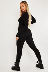 Black Zip Up Front Full Sleeve Ribbed Jumpsuit - Lola-Jumpsuits