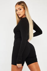 Black Zip Up Long Sleeve Ribbed Unitard - Lily-Playsuits