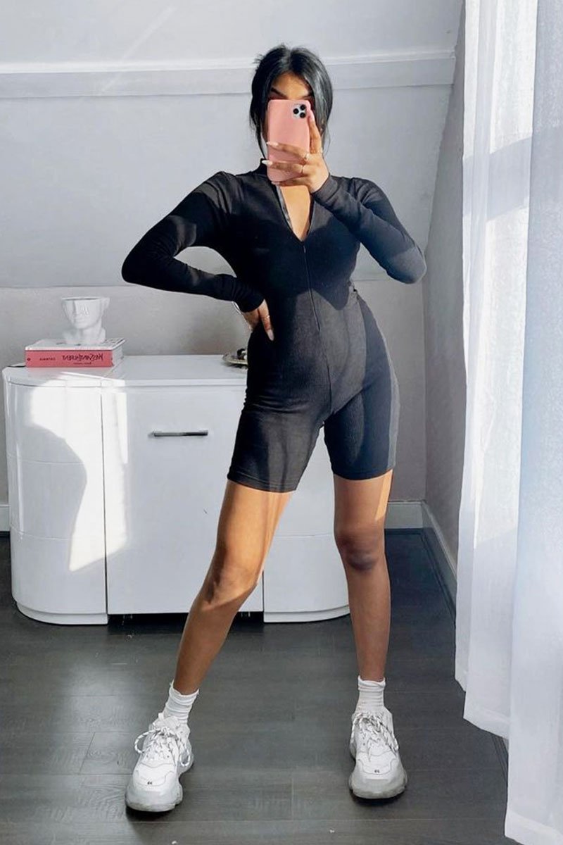 Black Zip Up Long Sleeve Ribbed Unitard - Lily-Playsuits