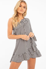 Black and Beige Stripe One Shoulder Frill Dress - Zyann-Dresses