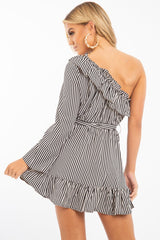 Black and Beige Stripe One Shoulder Frill Dress - Zyann-Dresses