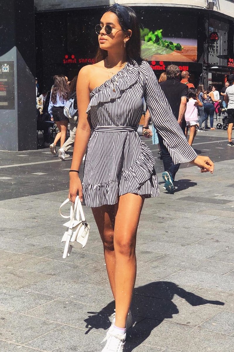 Black and Beige Stripe One Shoulder Frill Dress - Zyann-Dresses