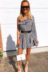 Black and Beige Stripe One Shoulder Frill Dress - Zyann-Dresses