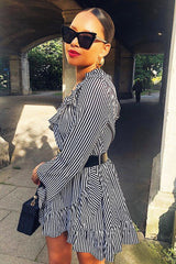 Black and Beige Stripe One Shoulder Frill Dress - Zyann-Dresses