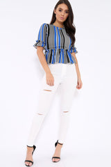 Black and Blue Stripe Ruffle Peplum Top - Kyriee-Tops