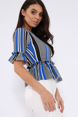 Black and Blue Stripe Ruffle Peplum Top - Kyriee-Tops