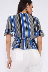 Black and Blue Stripe Ruffle Peplum Top - Kyriee-Tops