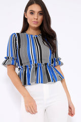 Black and Blue Stripe Ruffle Peplum Top - Kyriee-Tops