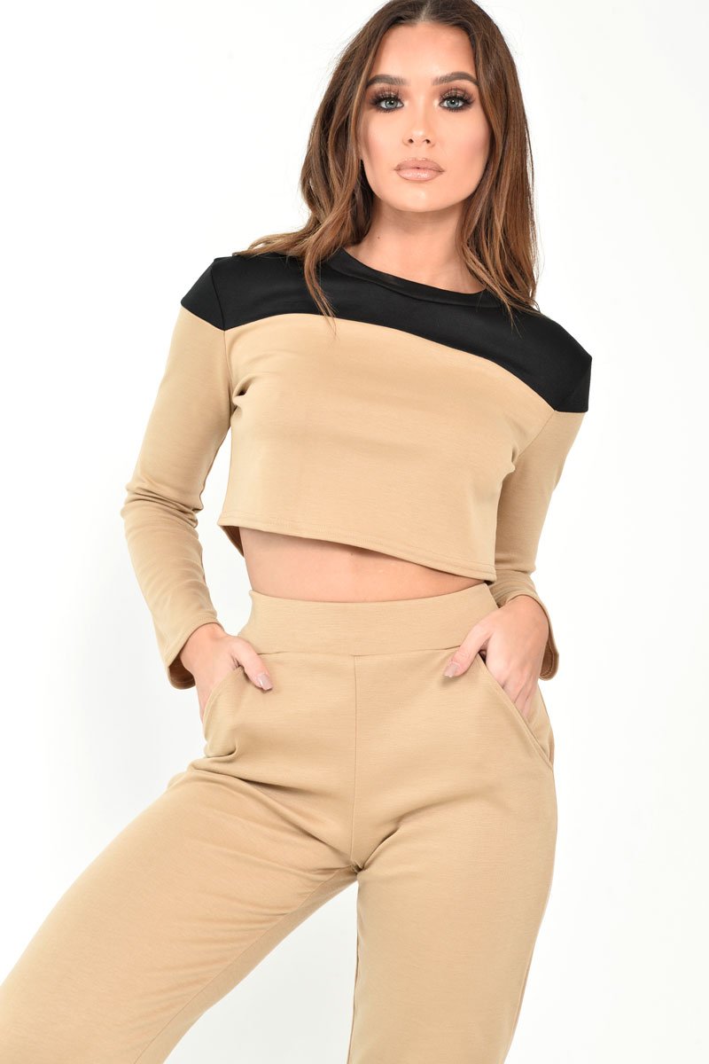 Black and Camel Contrast Panel Tracksuit - Soraya-Loungewear