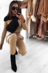 Black and Camel Contrast Panel Tracksuit - Soraya-Loungewear