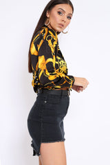 Black and Gold Baroque Print Tie Front Crop Top - Aden-Tops