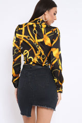 Black and Gold Baroque Print Tie Front Crop Top - Aden-Tops