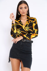 Black and Gold Baroque Print Tie Front Crop Top - Aden-Tops