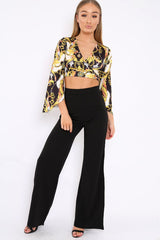 Black and Gold Chain Print Crop Top with Flare Sleeves - Wanda-Tops