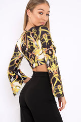 Black and Gold Chain Print Crop Top with Flare Sleeves - Wanda-Tops