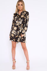 Black and Gold Chain Print Shirt Dress - Pollyann-Dresses