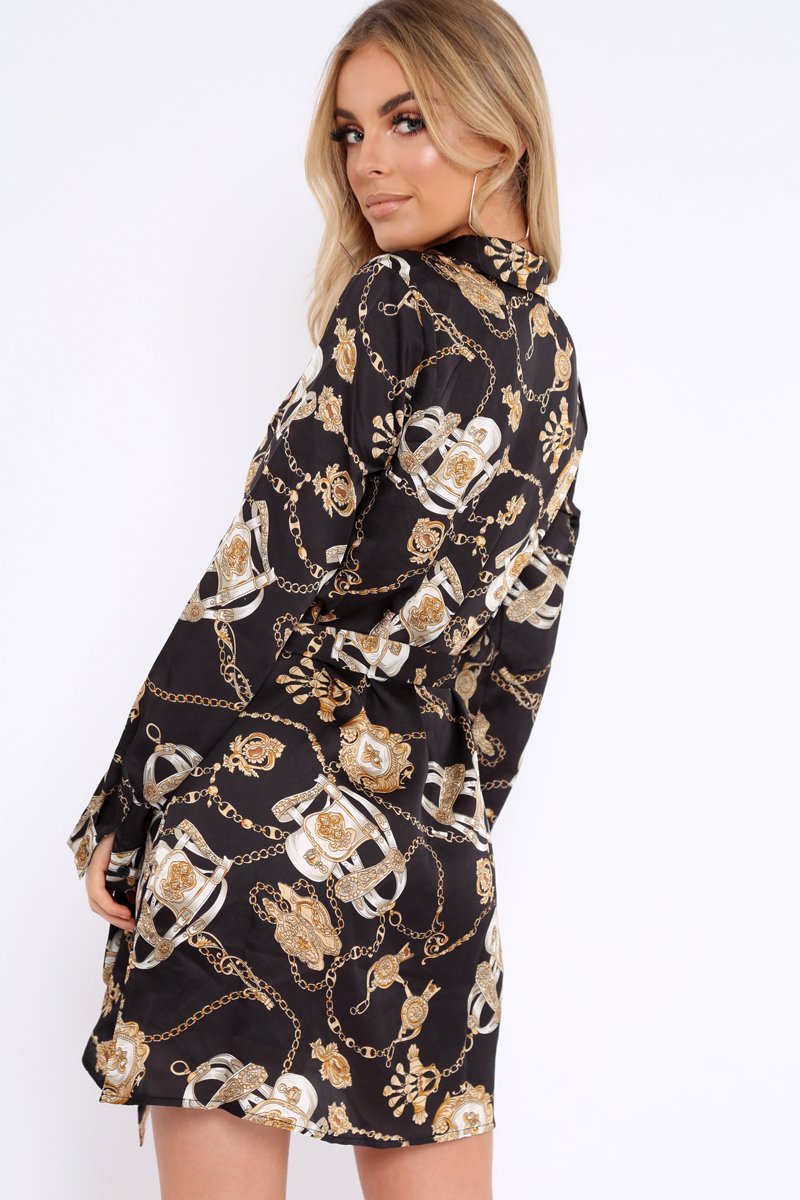 Black and Gold Chain Print Shirt Dress - Pollyann Rebellious Fashion Black and Gold Chain Print Shirt Dress - Pollyann Rebellious Fashion