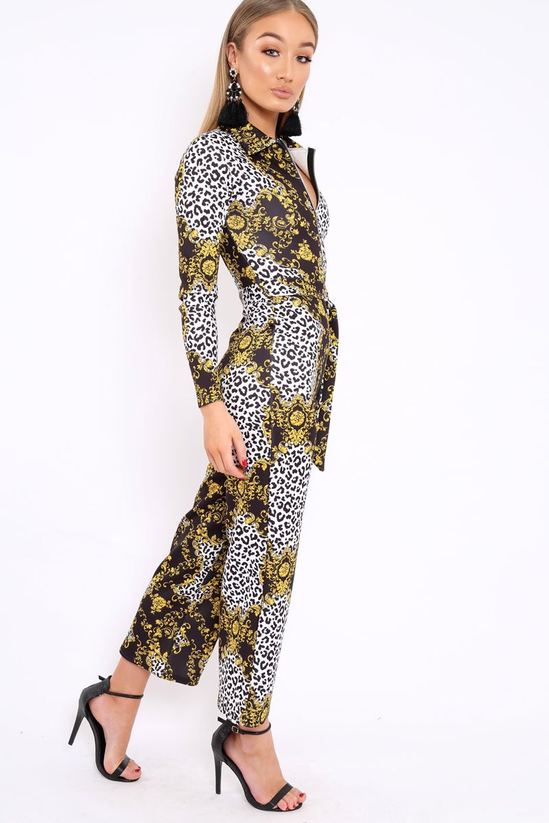 Black and Gold Leopard Print Zip Front Jumpsuit - Aazeen-Jumpsuits