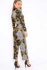 Black and Gold Leopard Print Zip Front Jumpsuit - Aazeen-Jumpsuits