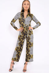 Black and Gold Leopard Print Zip Front Jumpsuit - Aazeen-Jumpsuits