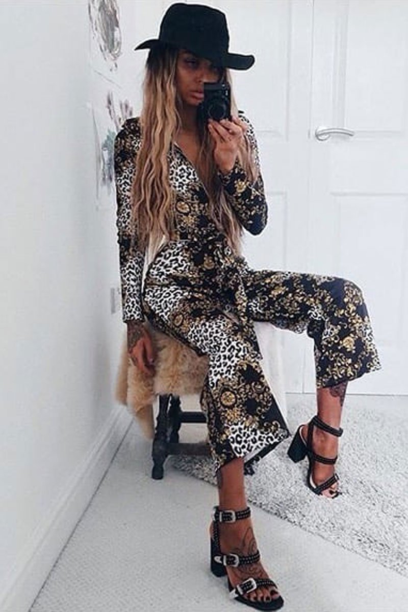 Black and Gold Leopard Print Zip Front Jumpsuit - Aazeen-Jumpsuits