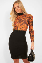 Black and Gold Mesh Chain Print Bodycon Dress- Lilie-Dresses