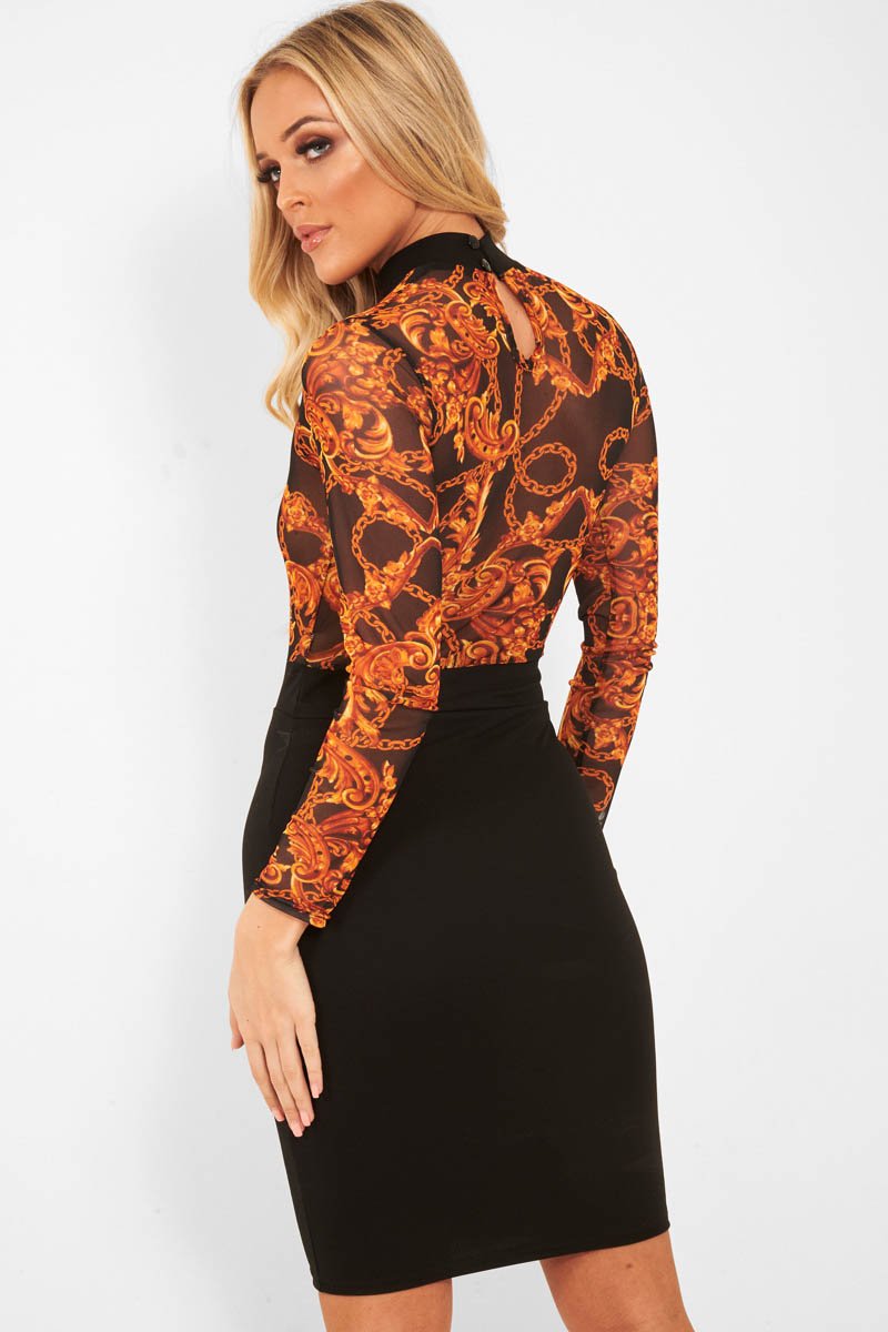 Black and Gold Mesh Chain Print Bodycon Dress- Lilie-Dresses
