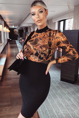 Black and Gold Mesh Chain Print Bodycon Dress- Lilie-Dresses