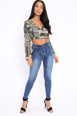 Black and Gold Paisley Print Crop Top with Flare Sleeves - Wanda-Tops