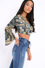Black and Gold Paisley Print Crop Top with Flare Sleeves - Wanda-Tops