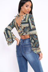 Black and Gold Paisley Print Crop Top with Flare Sleeves - Wanda-Tops