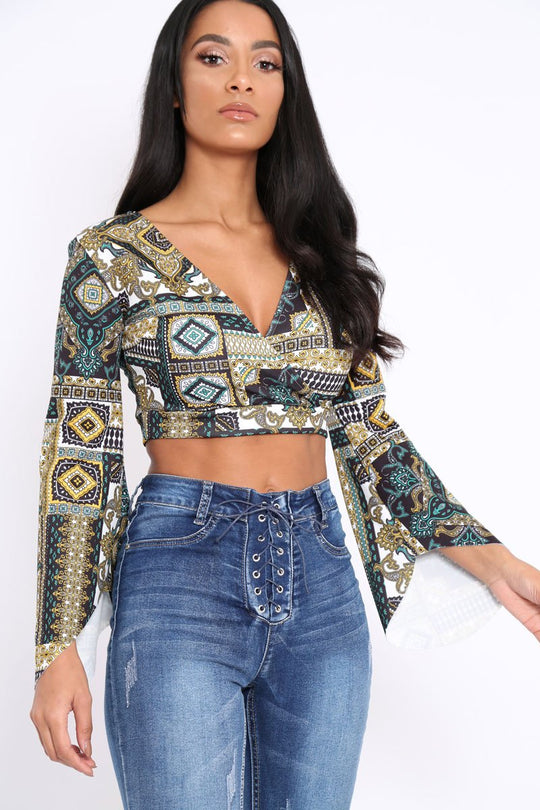 Black and Gold Paisley Print Crop Top with Flare Sleeves - Wanda