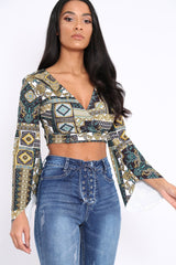 Black and Gold Paisley Print Crop Top with Flare Sleeves - Wanda-Tops
