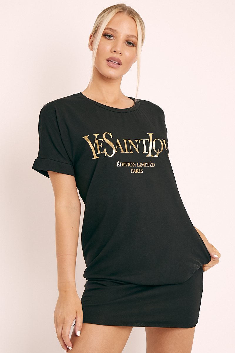 Black and Gold Parisian Slogan T-shirt Dress - Claire-Dresses