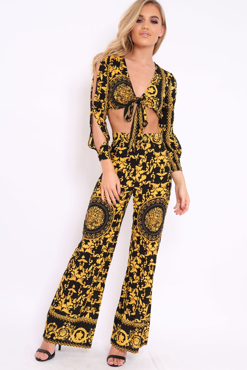Black and Gold Print High Waist Flare Trousers -Tisha-Trousers