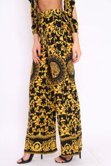Black and Gold Print High Waist Flare Trousers -Tisha-Trousers
