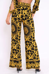 Black and Gold Print High Waist Flare Trousers -Tisha-Trousers