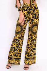 Black and Gold Print High Waist Flare Trousers -Tisha-Trousers