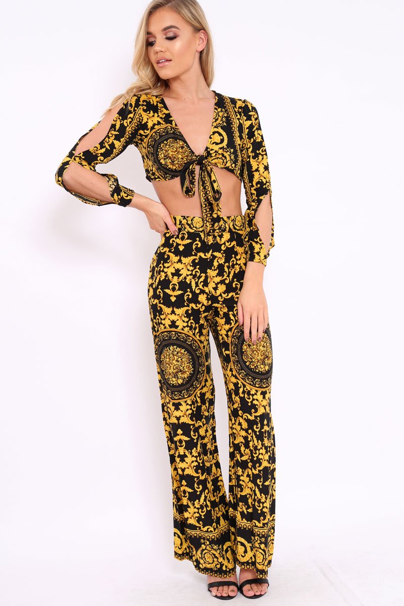 Black and Gold Print Tie front Crop Top - Delia-Crop Tops