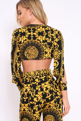 Black and Gold Print Tie front Crop Top - Delia-Crop Tops