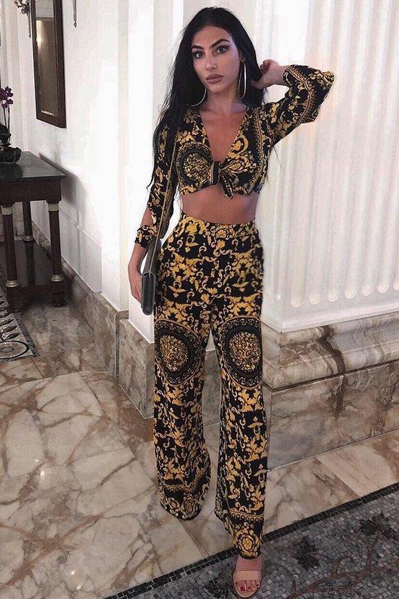 Black and Gold Print Tie front Crop Top - Delia-Crop Tops