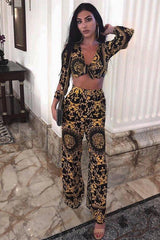 Black and Gold Print Tie front Crop Top - Delia-Crop Tops