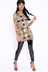 Black and Gold Scarf Print Button Front Shirt Dress - Nyanna-Dresses