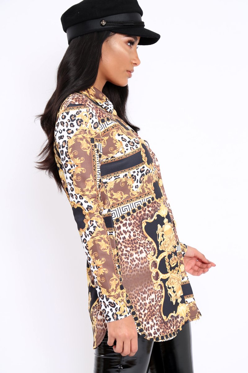 Black and Gold Scarf Print Button Front Shirt Dress - Nyanna-Dresses