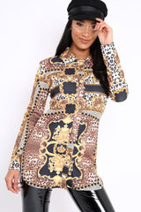 Black and Gold Scarf Print Button Front Shirt Dress - Nyanna-Dresses