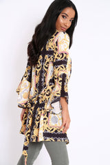 Black and Gold Scarf Print Flare Sleeves Kimono - Marley-Jackets